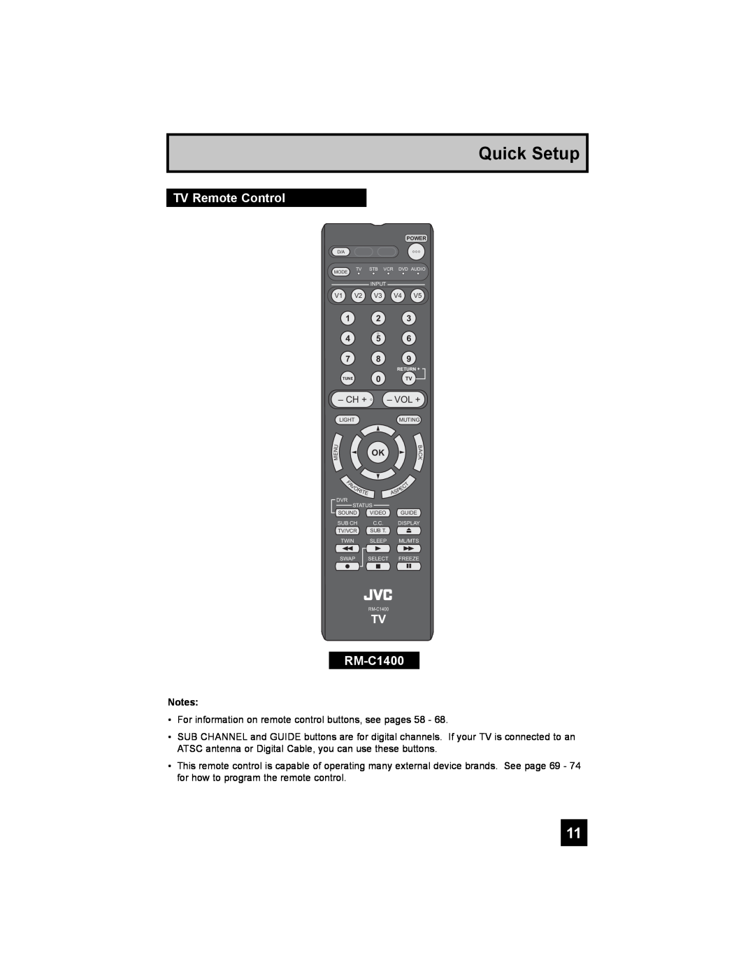 JVC LT-37X898, LT-42X898 manual TV Remote Control, TV RM-C1400, Quick Setup 