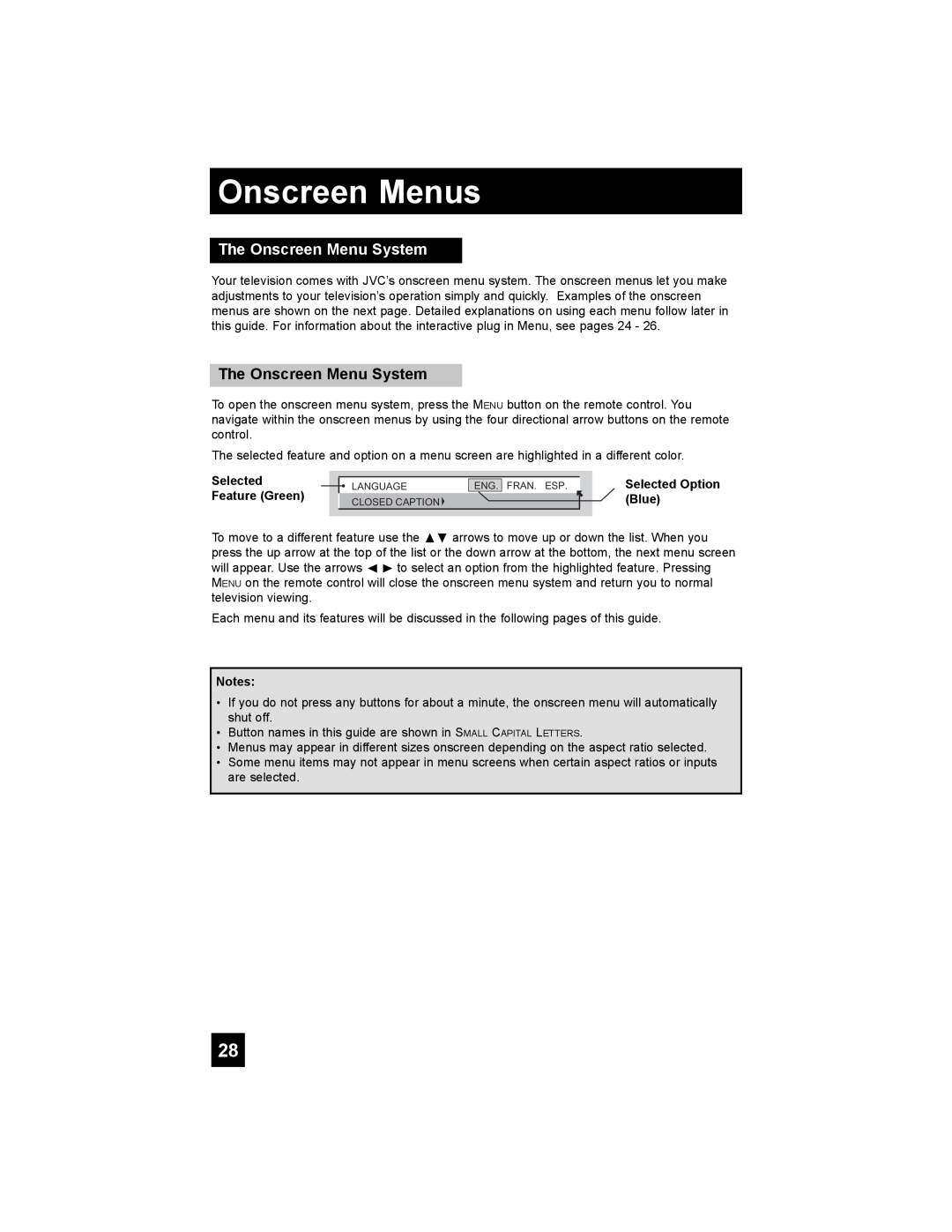 JVC LT-42X898, LT-37X898 manual The Onscreen Menu System, Selected Option Blue, Onscreen Menus 