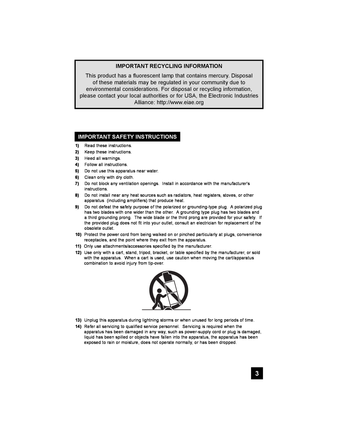 JVC LT-37X898 manual Important Recycling Information, This product has a fluorescent lamp that contains mercury. Disposal 