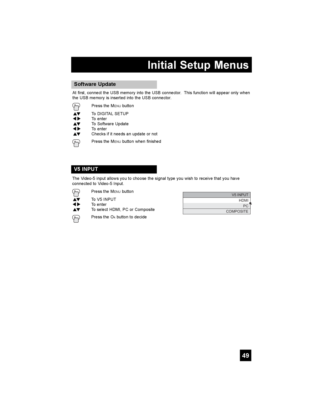 JVC LT-37X898, LT-42X898 manual Software Update, V5 INPUT, Initial Setup Menus 