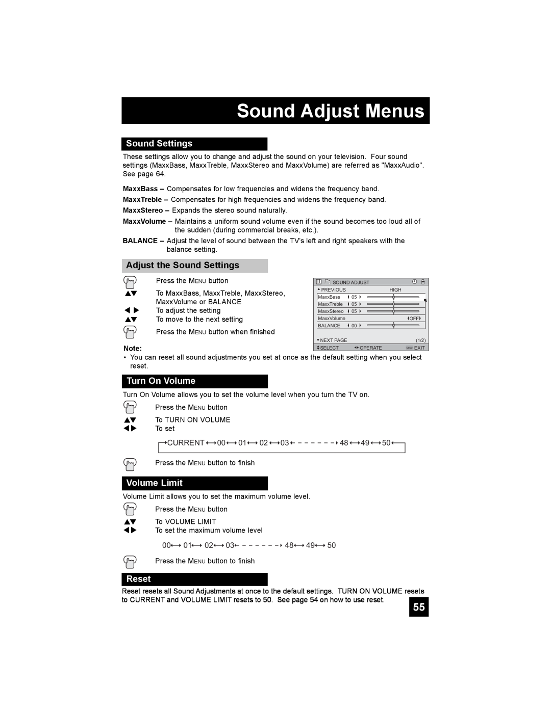 JVC LT-37X898, LT-42X898 manual Sound Adjust Menus, Adjust the Sound Settings, Turn On Volume, Volume Limit, Reset 