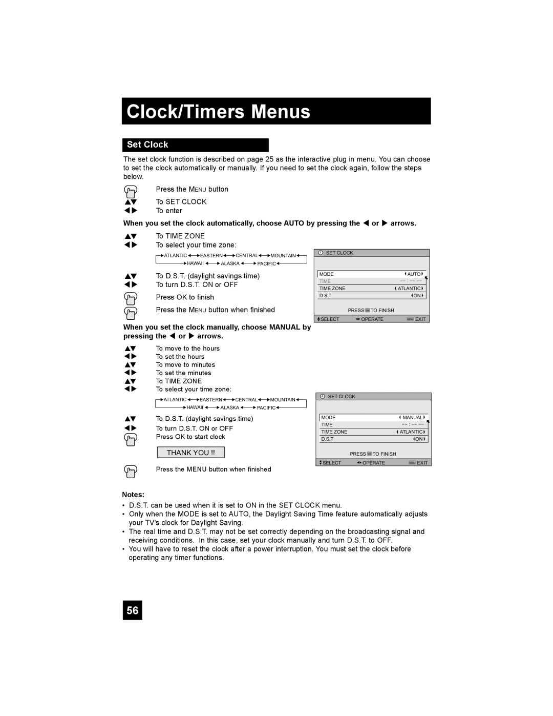 JVC LT-42X898, LT-37X898 manual Clock/Timers Menus, Set Clock 