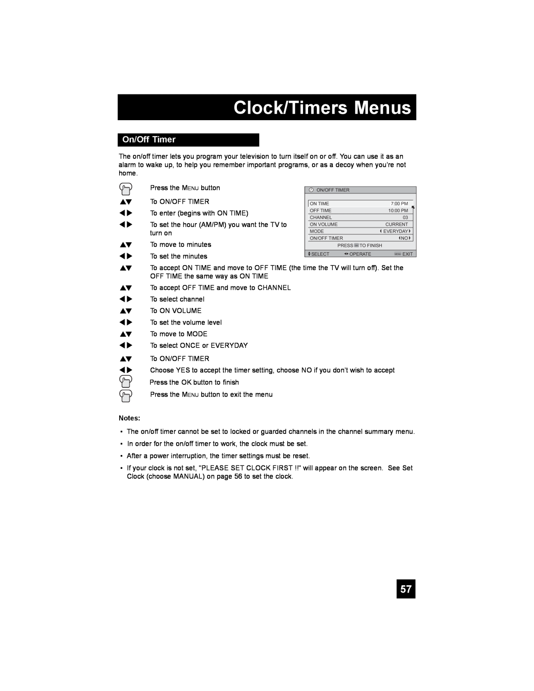 JVC LT-37X898, LT-42X898 manual On/Off Timer, Clock/Timers Menus 