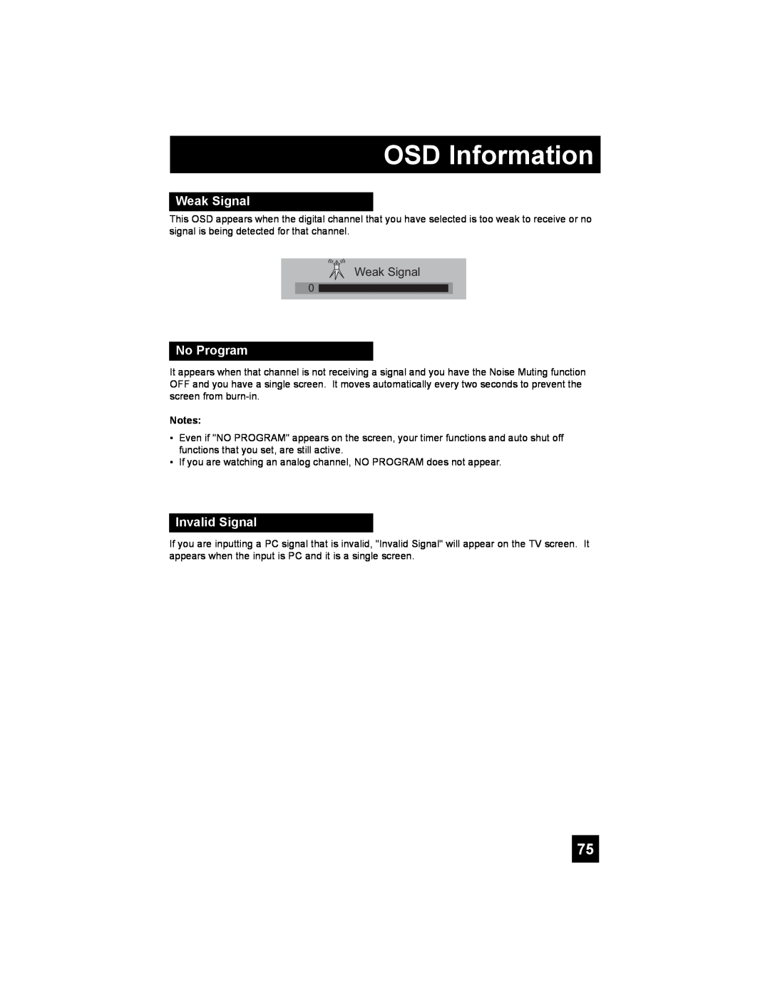 JVC LT-37X898, LT-42X898 manual OSD Information, Weak Signal, No Program, Invalid Signal 