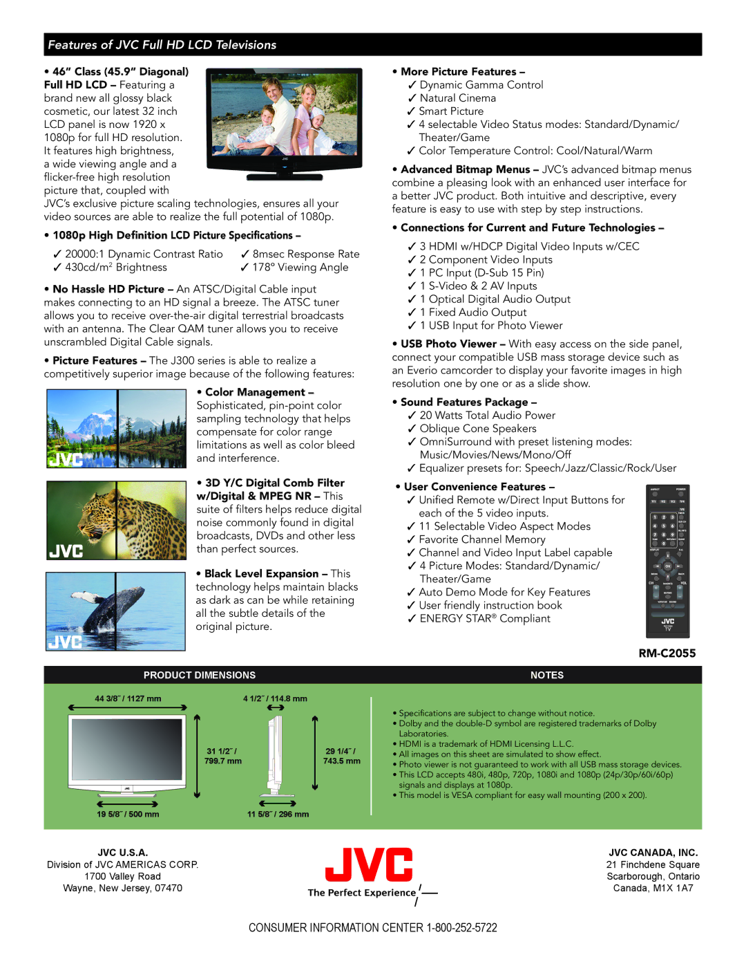 JVC LT-46J300 manual Features of JVC Full HD LCD Televisions, RM-C2055 