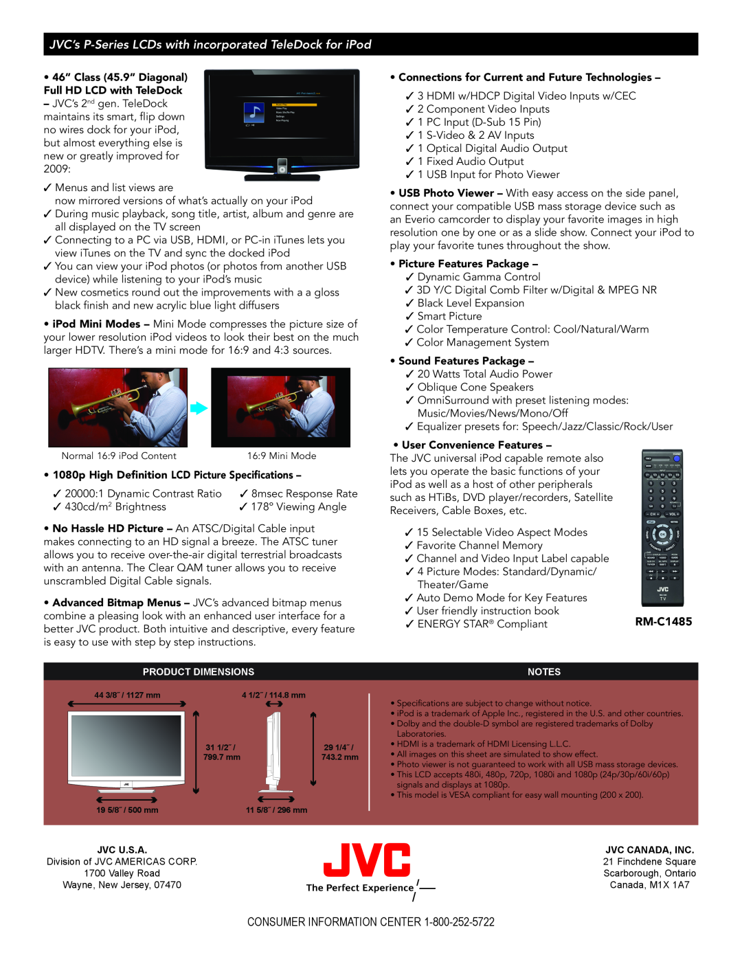 JVC LT-46P300 manual JVC’s P-Series LCDs with incorporated TeleDock for iPod, RM-C1485, Consumer Information Center 