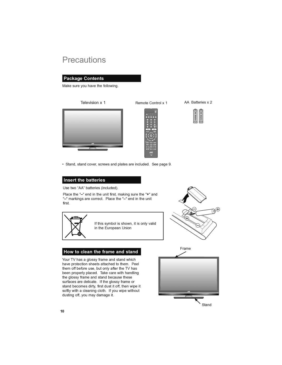 JVC LT-46SL89, LT-42SL89 manual Package Contents, Insert the batteries, How to clean the frame and stand 