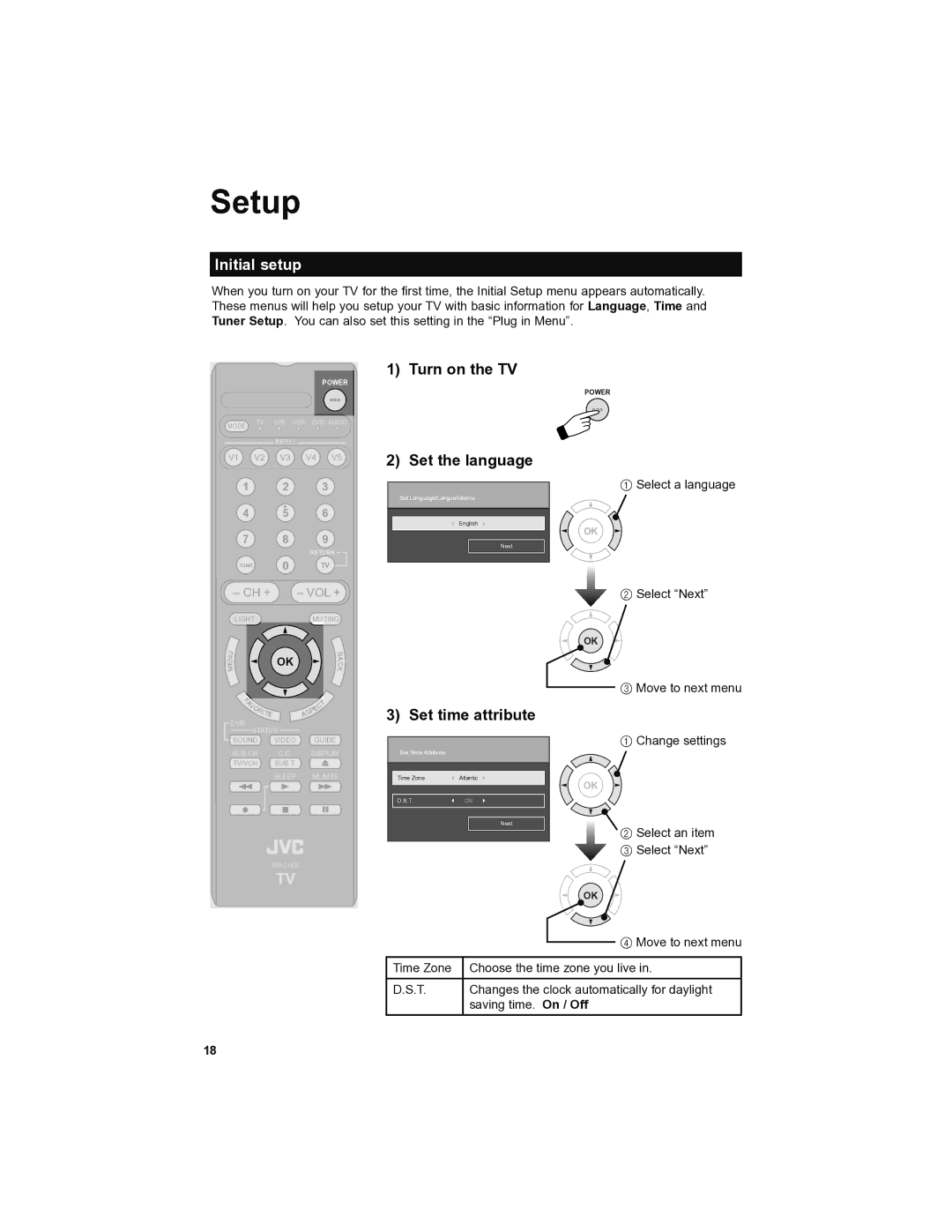 JVC LT-46SL89, LT-42SL89 manual Setup, Initial setup, Turn on the TV Set the language, Set time attribute 