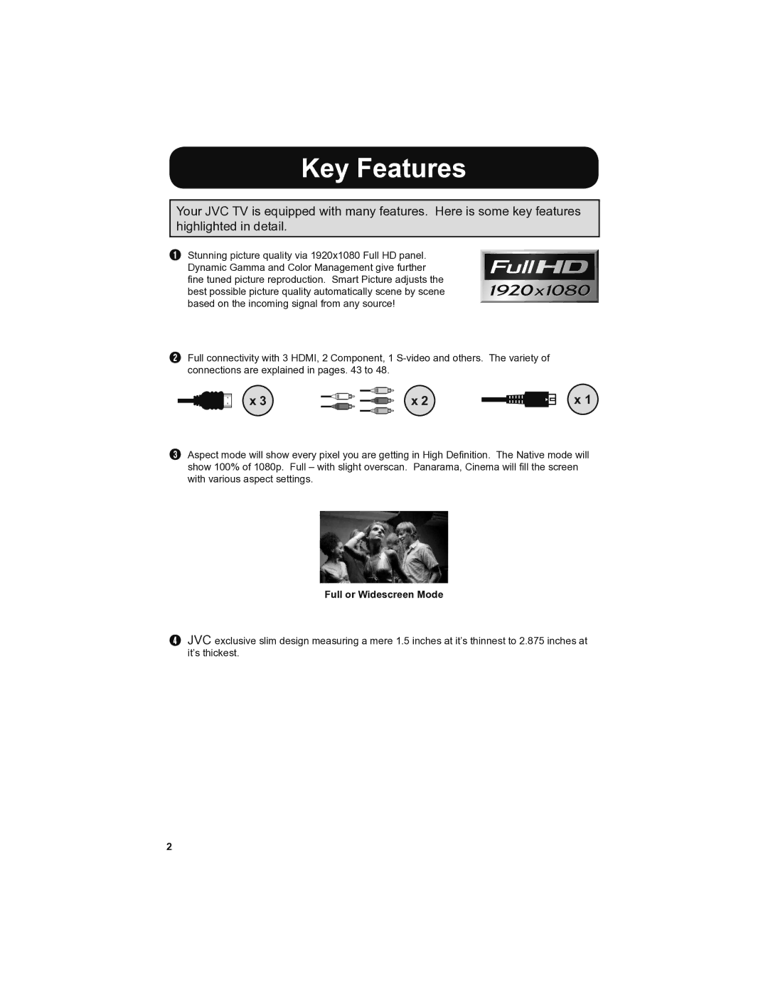 JVC LT-46SL89, LT-42SL89 manual Key Features, Full or Widescreen Mode 