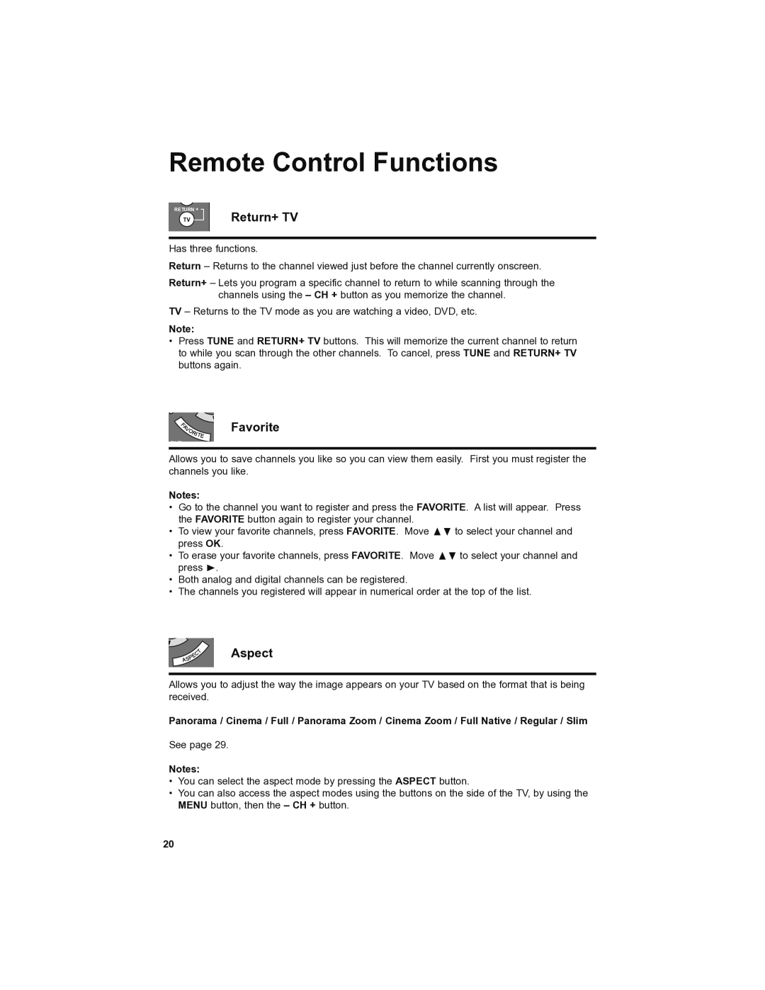 JVC LT-46SL89, LT-42SL89 manual Remote Control Functions, Return+ TV, Favorite, Aspect 