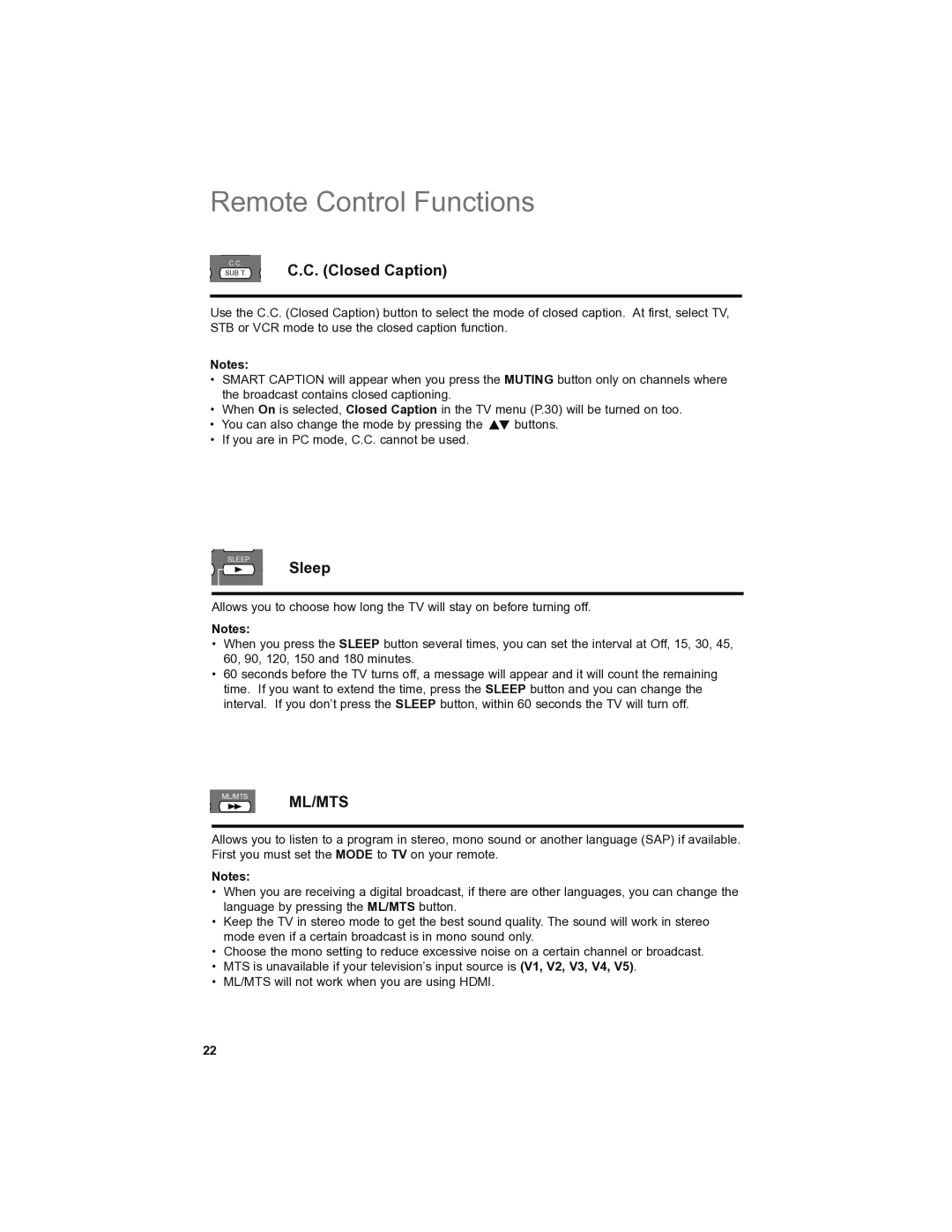 JVC LT-46SL89, LT-42SL89 manual SUB T. C.C. Closed Caption, Sleep 