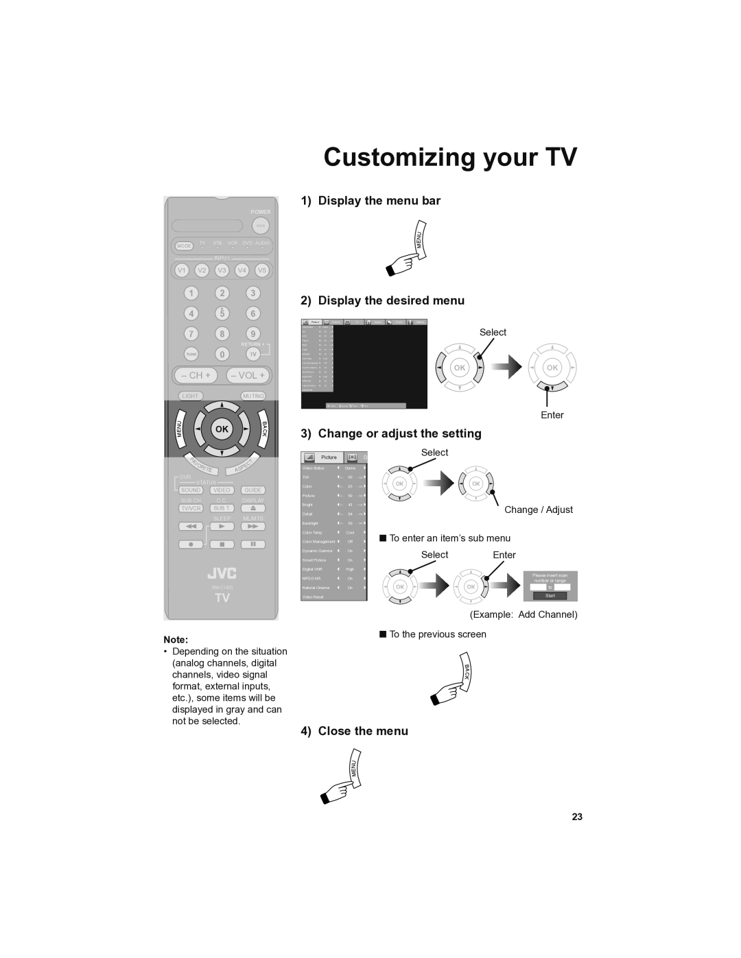 JVC LT-42SL89, LT-46SL89 Customizing your TV, Display the menu bar Display the desired menu, Change or adjust the setting 