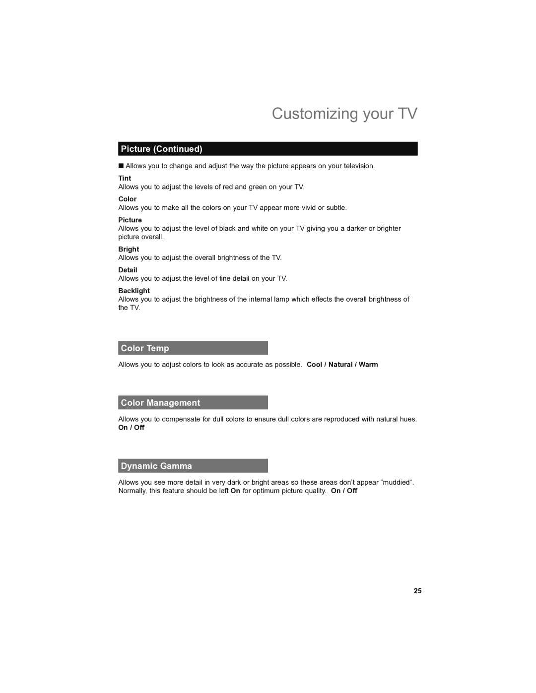 JVC LT-42SL89, LT-46SL89 manual Color Temp, Color Management, Dynamic Gamma 