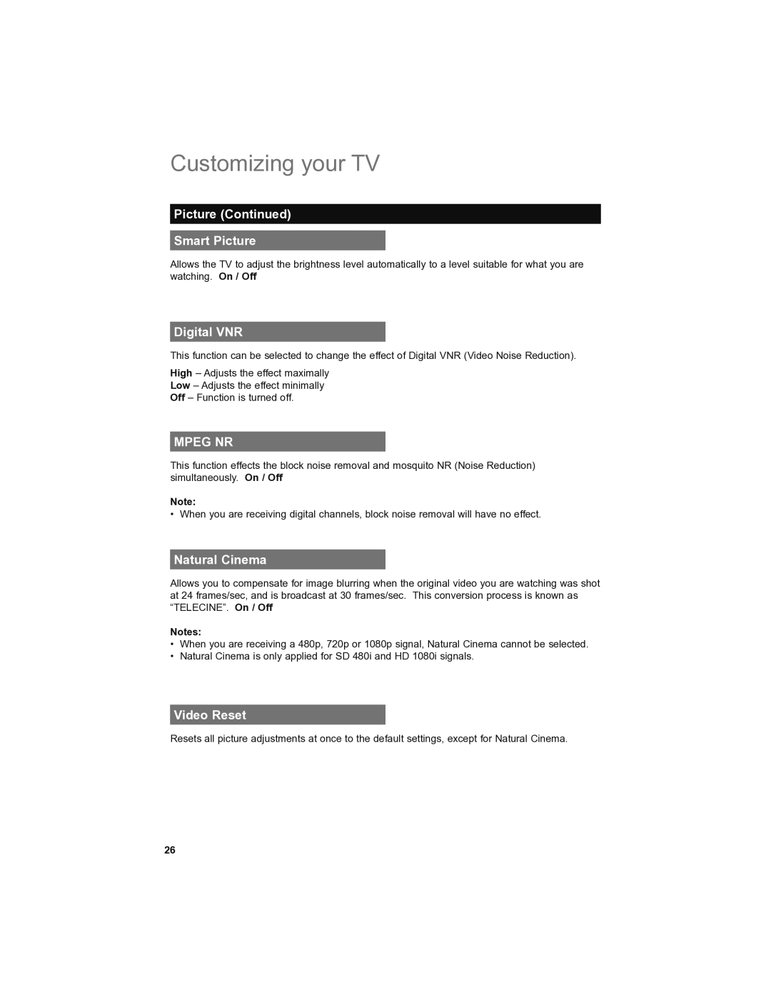 JVC LT-46SL89, LT-42SL89 manual Picture Smart Picture, Digital VNR, Natural Cinema, Video Reset 