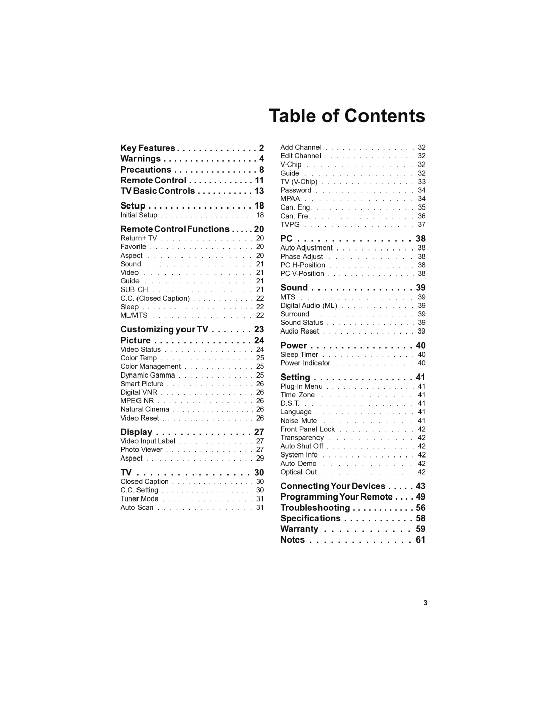 JVC LT-42SL89, LT-46SL89 manual Table of Contents 