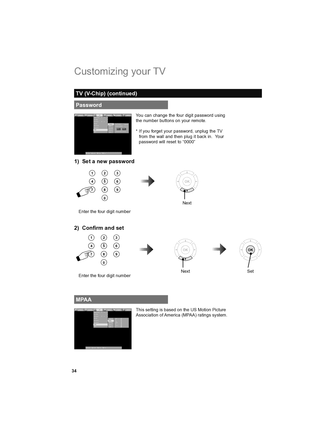 JVC LT-46SL89, LT-42SL89 manual TV V-Chip Password, Set a new password, Conﬁrm and set 