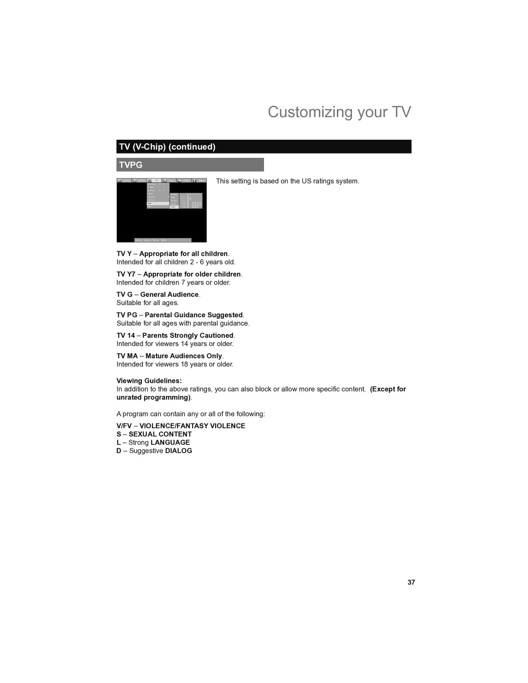 JVC LT-42SL89, LT-46SL89 TV Y Appropriate for all children, TV Y7 Appropriate for older children, TV G General Audience 