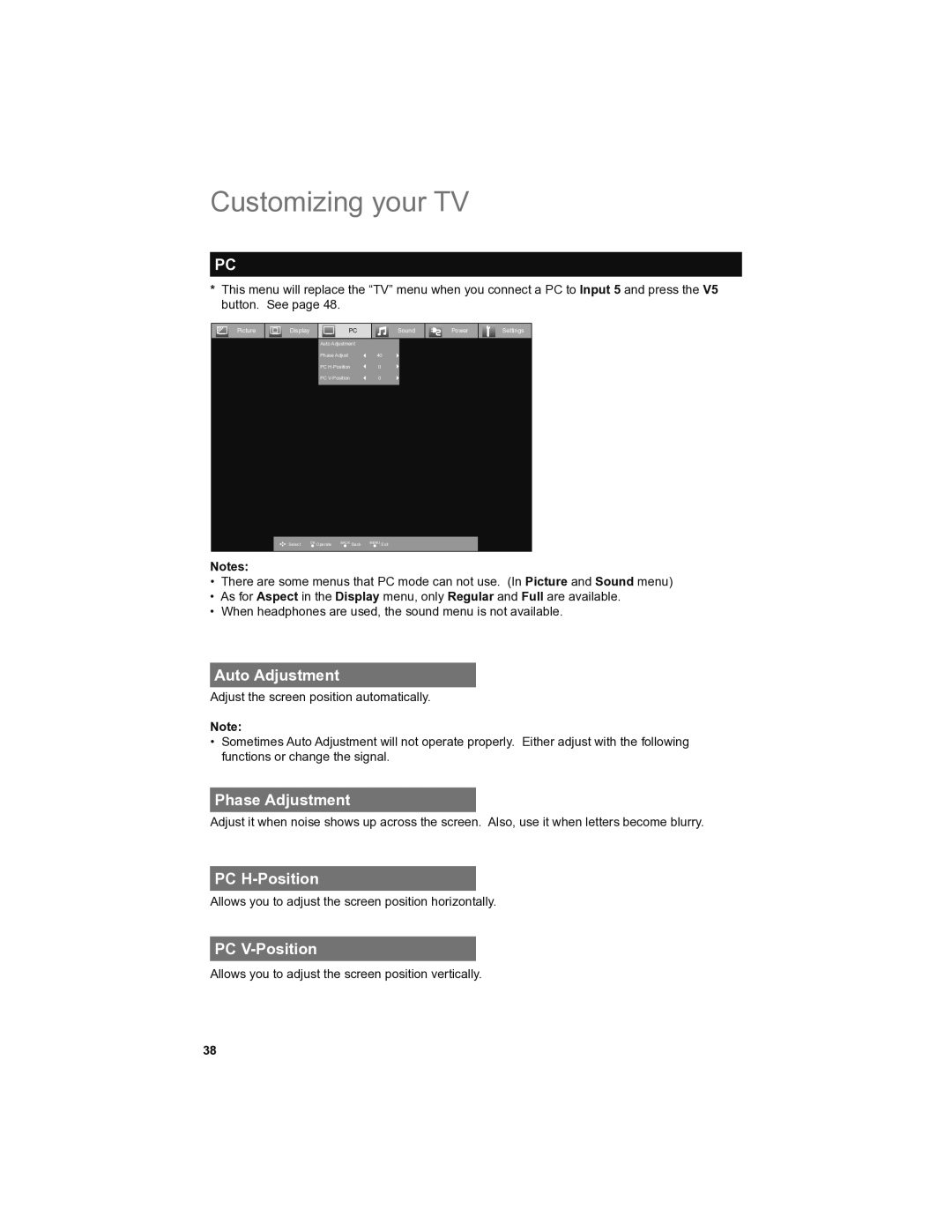 JVC LT-46SL89, LT-42SL89 manual Auto Adjustment, Phase Adjustment, PC H-Position, PC V-Position 