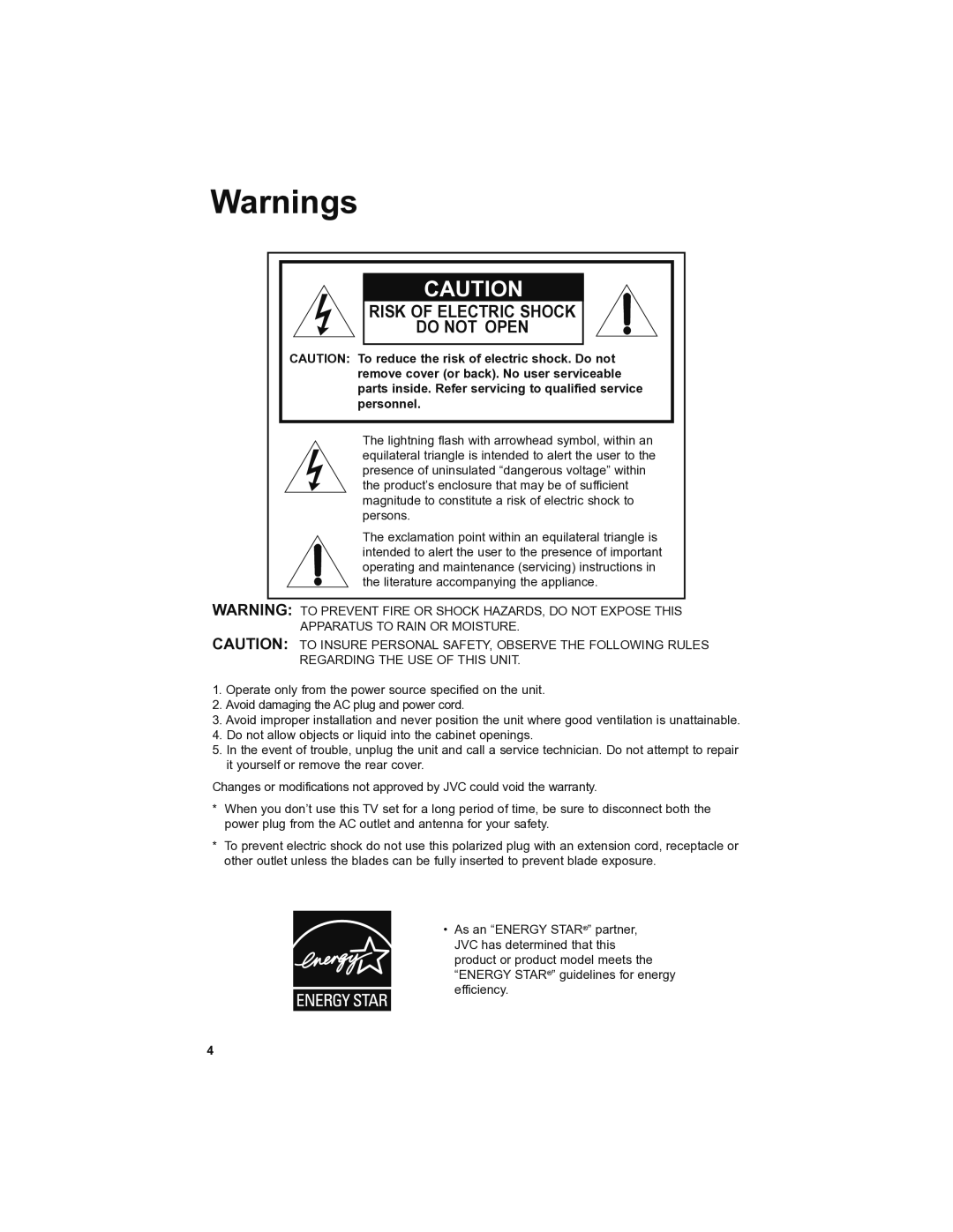 JVC LT-46SL89, LT-42SL89 manual Risk of Electric Shock Do not Open 