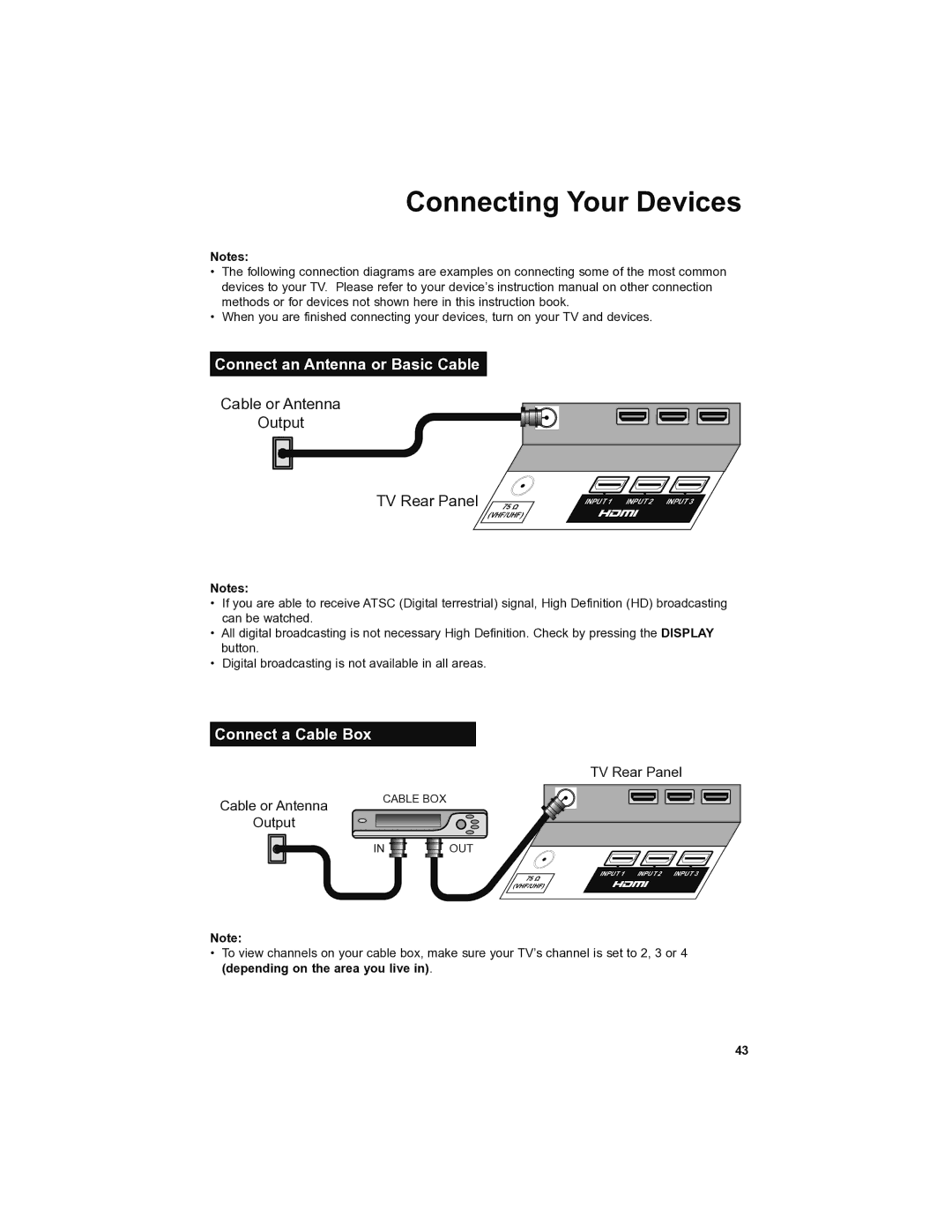 JVC LT-42SL89, LT-46SL89 manual Connect an Antenna or Basic Cable, Connect a Cable Box 