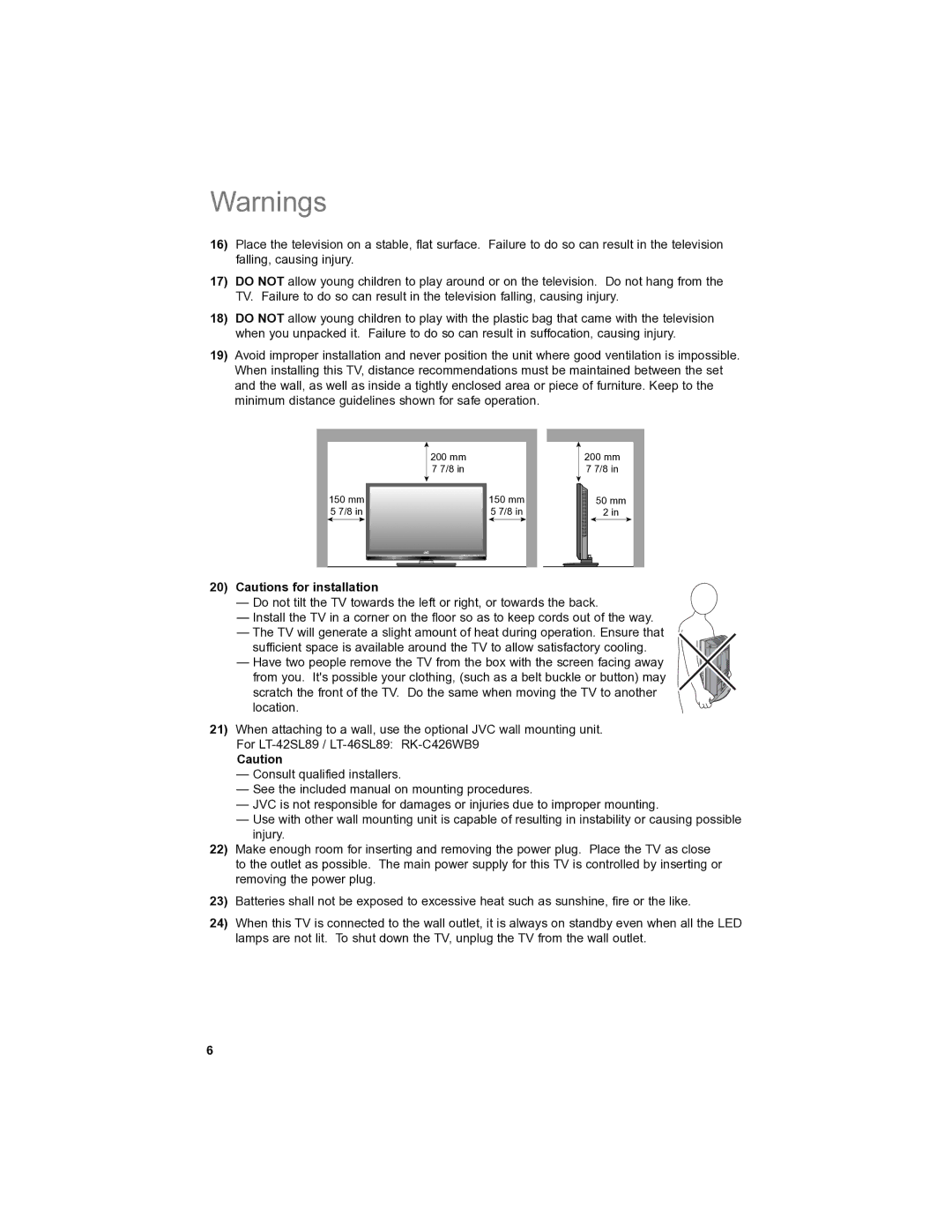 JVC LT-46SL89, LT-42SL89 manual 200 mm 150 mm 200 mm 7 7/8 
