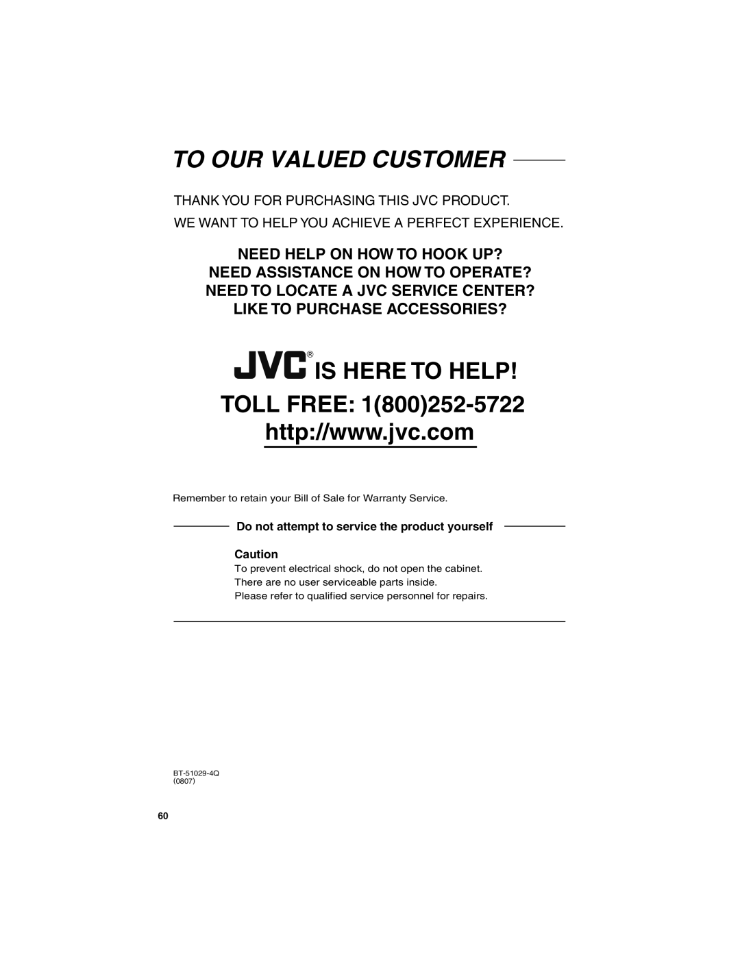 JVC LT-46SL89, LT-42SL89 manual To OUR Valued Customer 