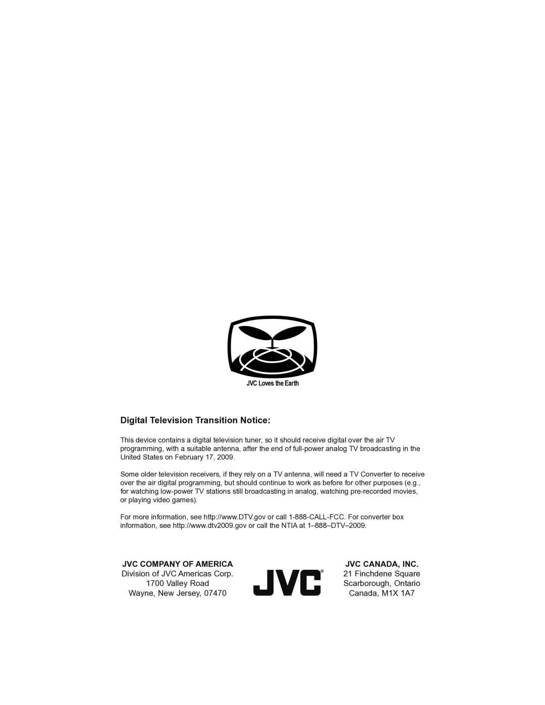 JVC LT-46SL89, LT-42SL89 manual Digital Television Transition Notice, JVC Company of America JVC CANADA, INC 