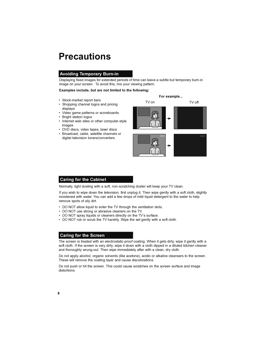 JVC LT-46SL89, LT-42SL89 manual Precautions, Avoiding Temporary Burn-in, Caring for the Cabinet, Caring for the Screen 