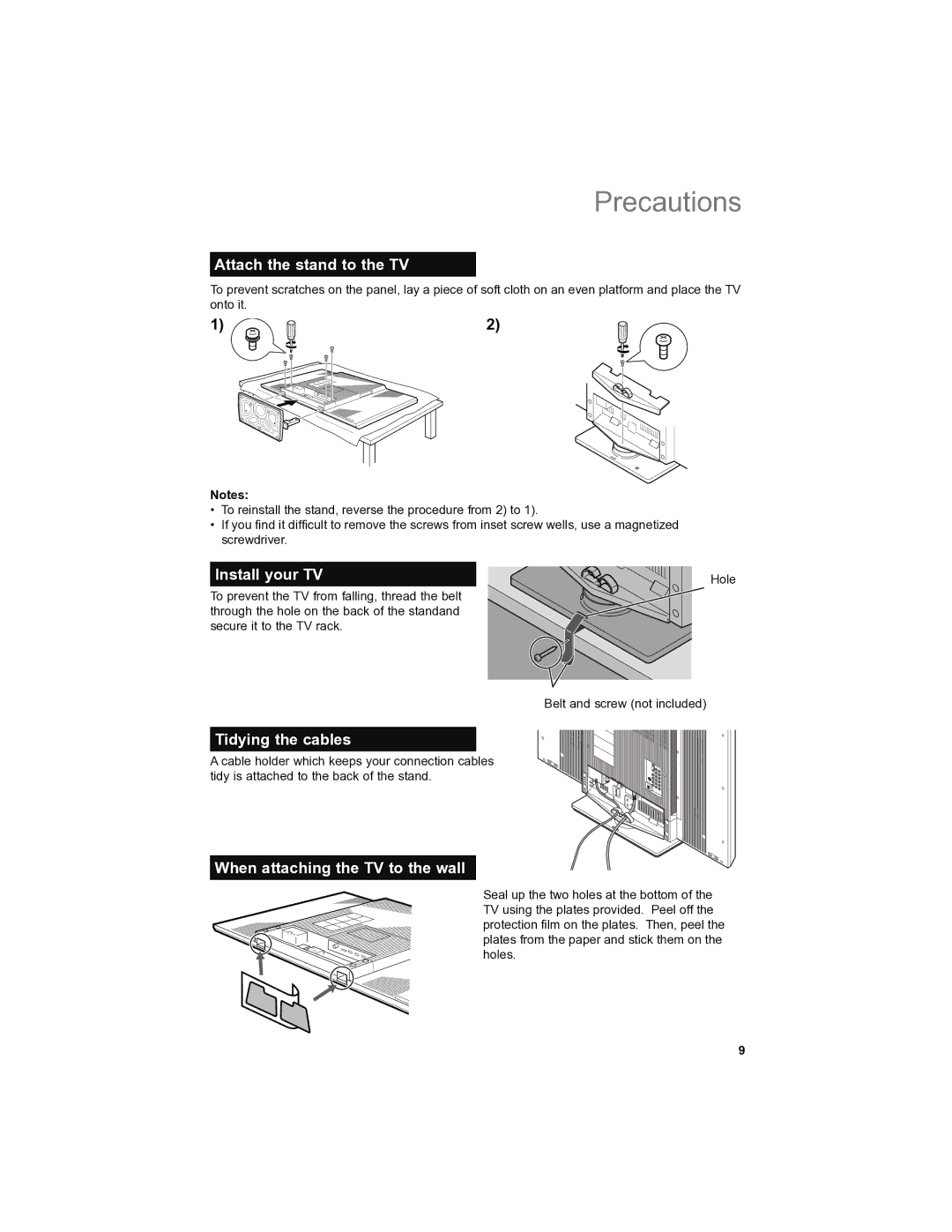 JVC LT-42SL89, LT-46SL89 manual Precautions, Attach the stand to the TV, Install your TV, Tidying the cables 