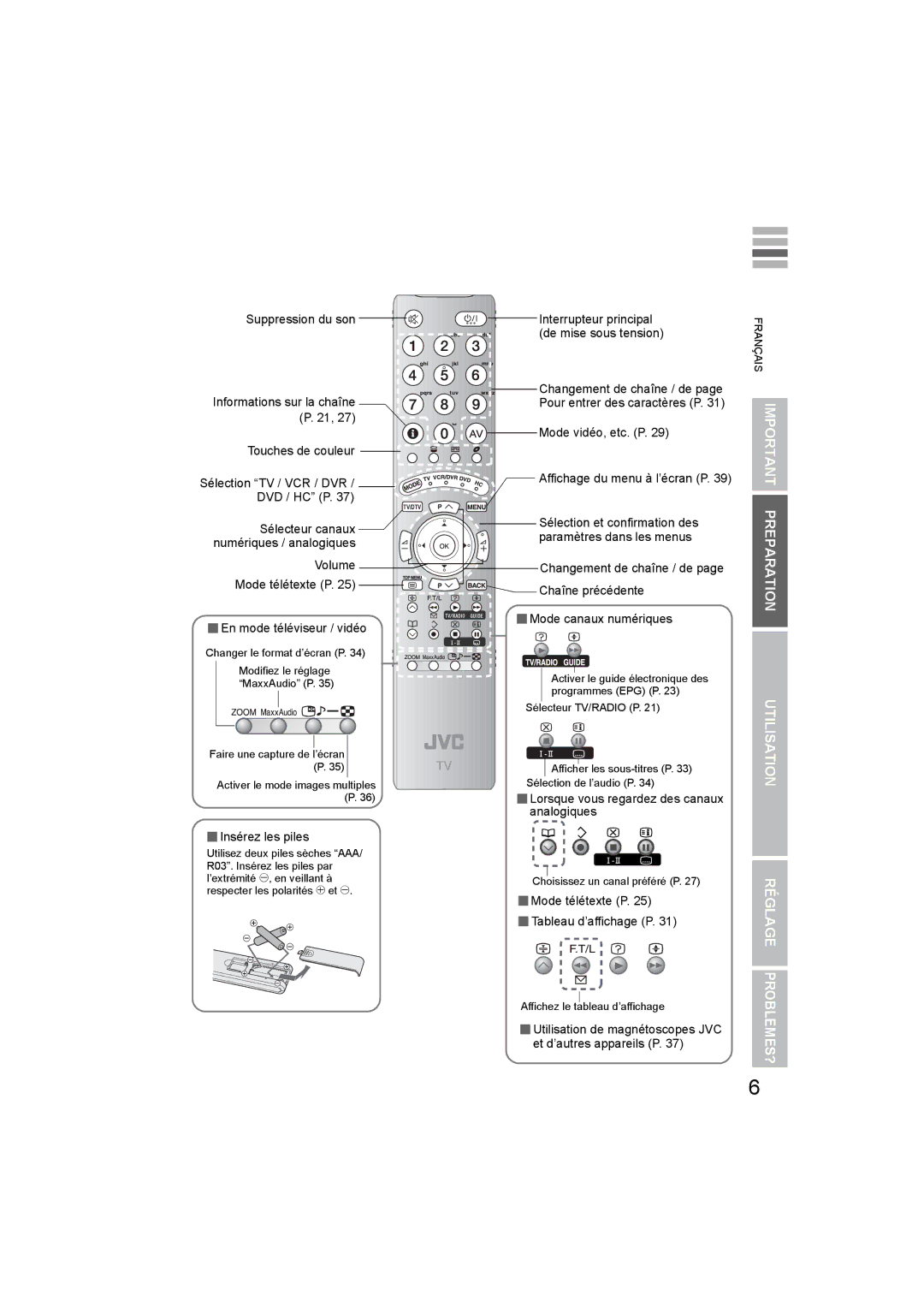 JVC LT-42DV8BG manual Dvd / Hc P,  En mode téléviseur / vidéo,  Mode canaux numériques, Analogiques,  Insérez les piles 