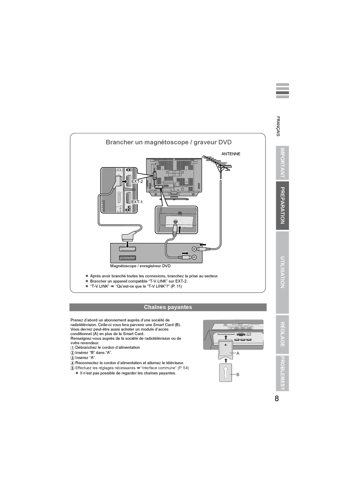 JVC LT-42DV8BG, LT-47DV8BG manual Brancher un magnétoscope / graveur DVD, Chaînes payantes 