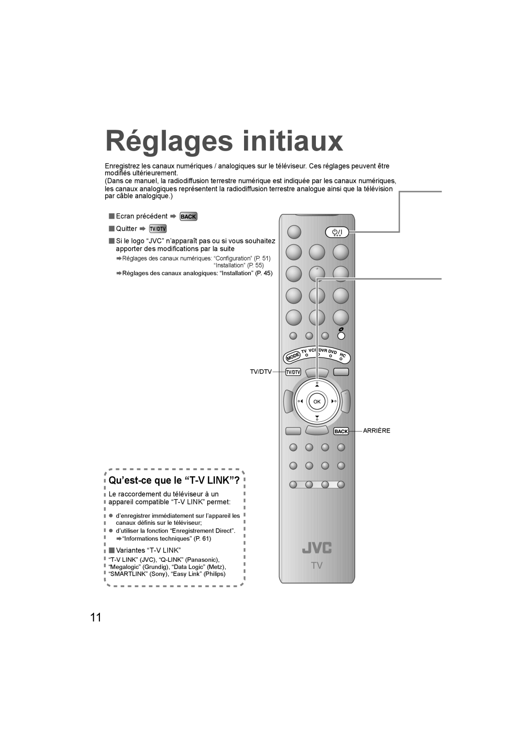 JVC LT-47DV8BG, LT-42DV8BG manual Réglages initiaux,  Variantes T-V Link 