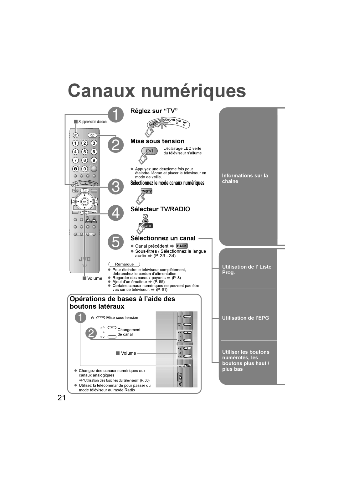 JVC LT-47DV8BG, LT-42DV8BG Canaux numériques, Réglez sur TV, Mise sous tension, Sélecteur TV/RADIO Sélectionnez un canal 