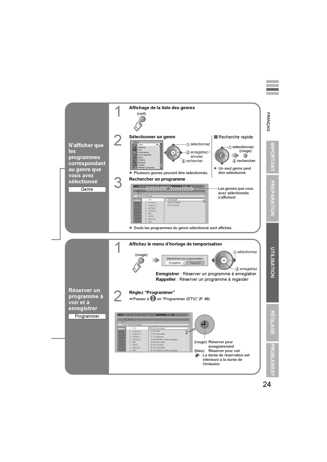 JVC LT-42DV8BG ’afficher que les programmes correspondant au genre que, Vous avez sélectionné,  Recherche rapide, Genre 