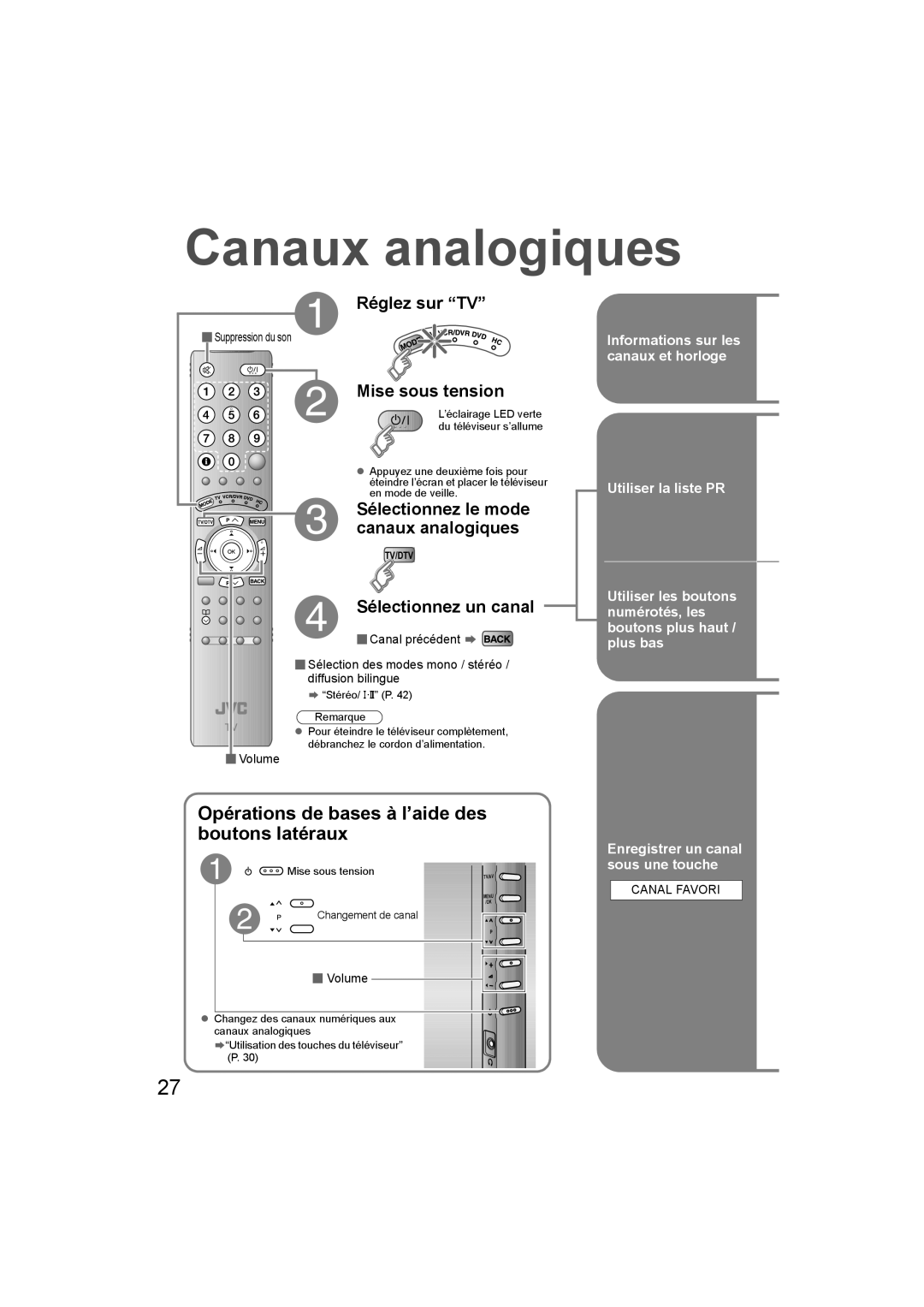 JVC LT-47DV8BG manual Canaux analogiques,  Canal précédent g,  Sélection des modes mono / stéréo / diffusion bilingue 