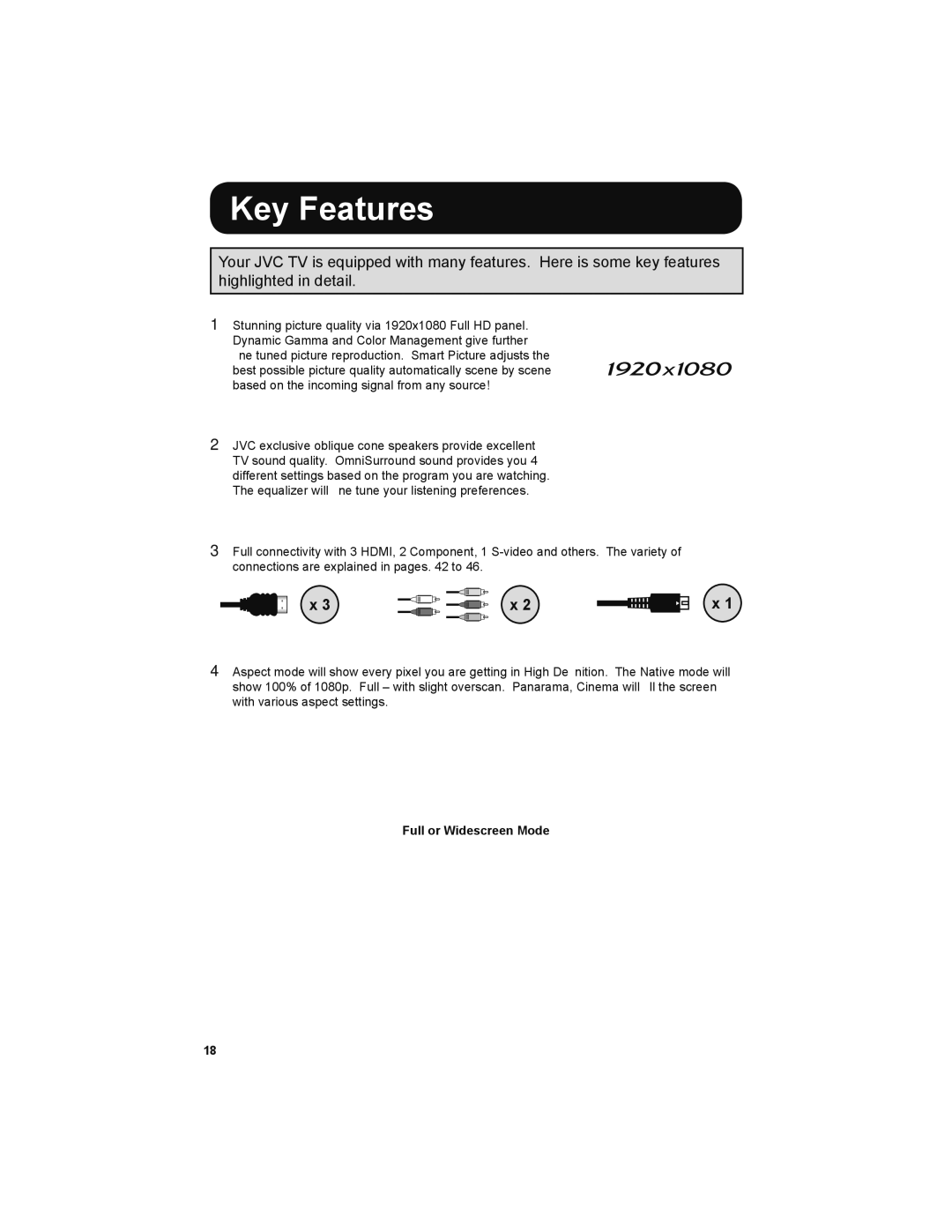 JVC LT-47EM59, LT-47X579, LT-42EM59 manual Key Features, Full or Widescreen Mode 