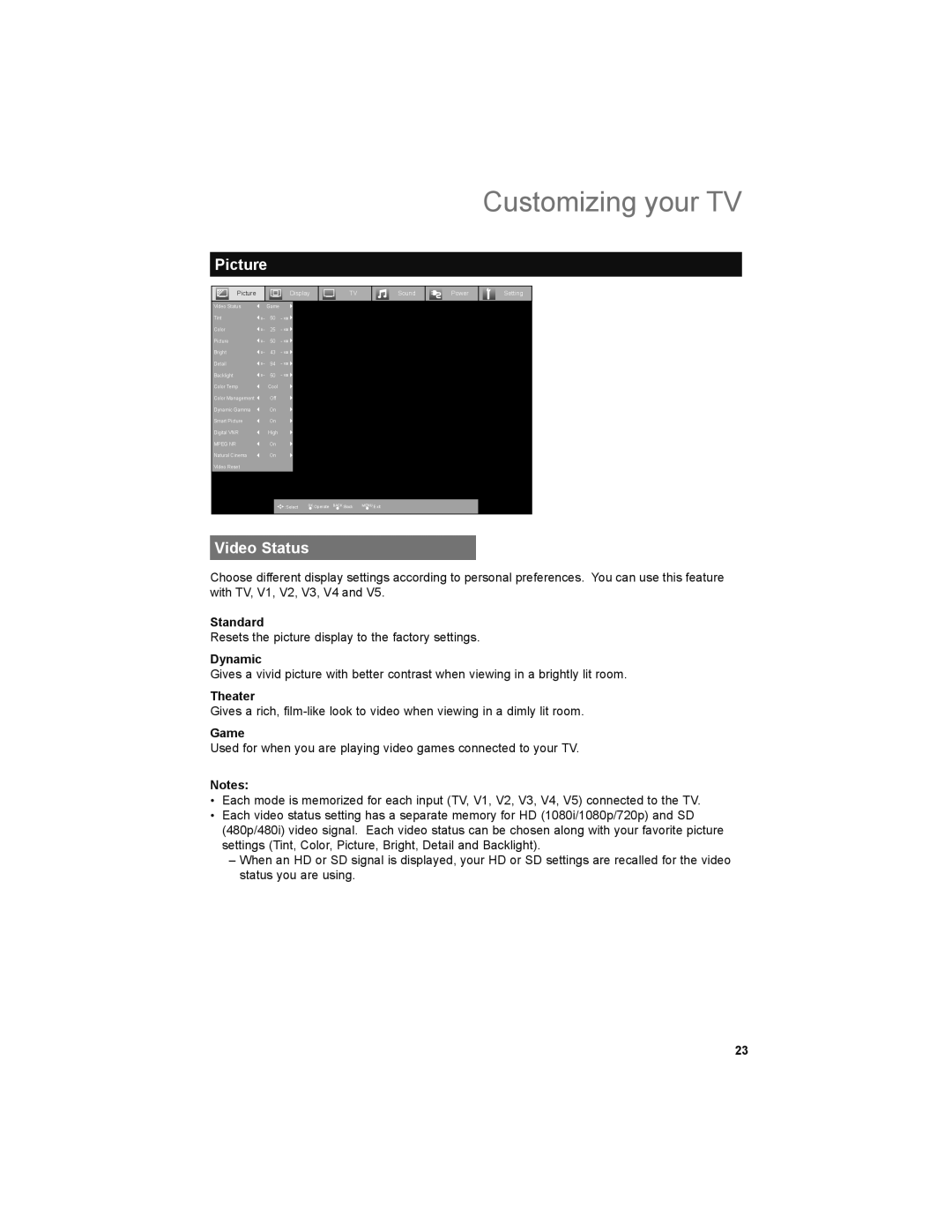 JVC LT-42EM59, LT-47EM59, LT-47X579 manual Customizing your TV, Picture, Video Status 