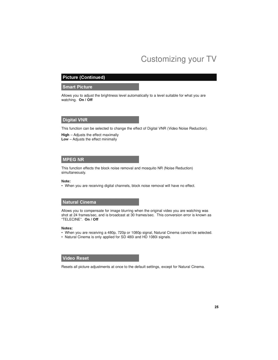 JVC LT-47X579, LT-47EM59, LT-42EM59 manual Picture Smart Picture, Digital VNR, Natural Cinema, Video Reset 