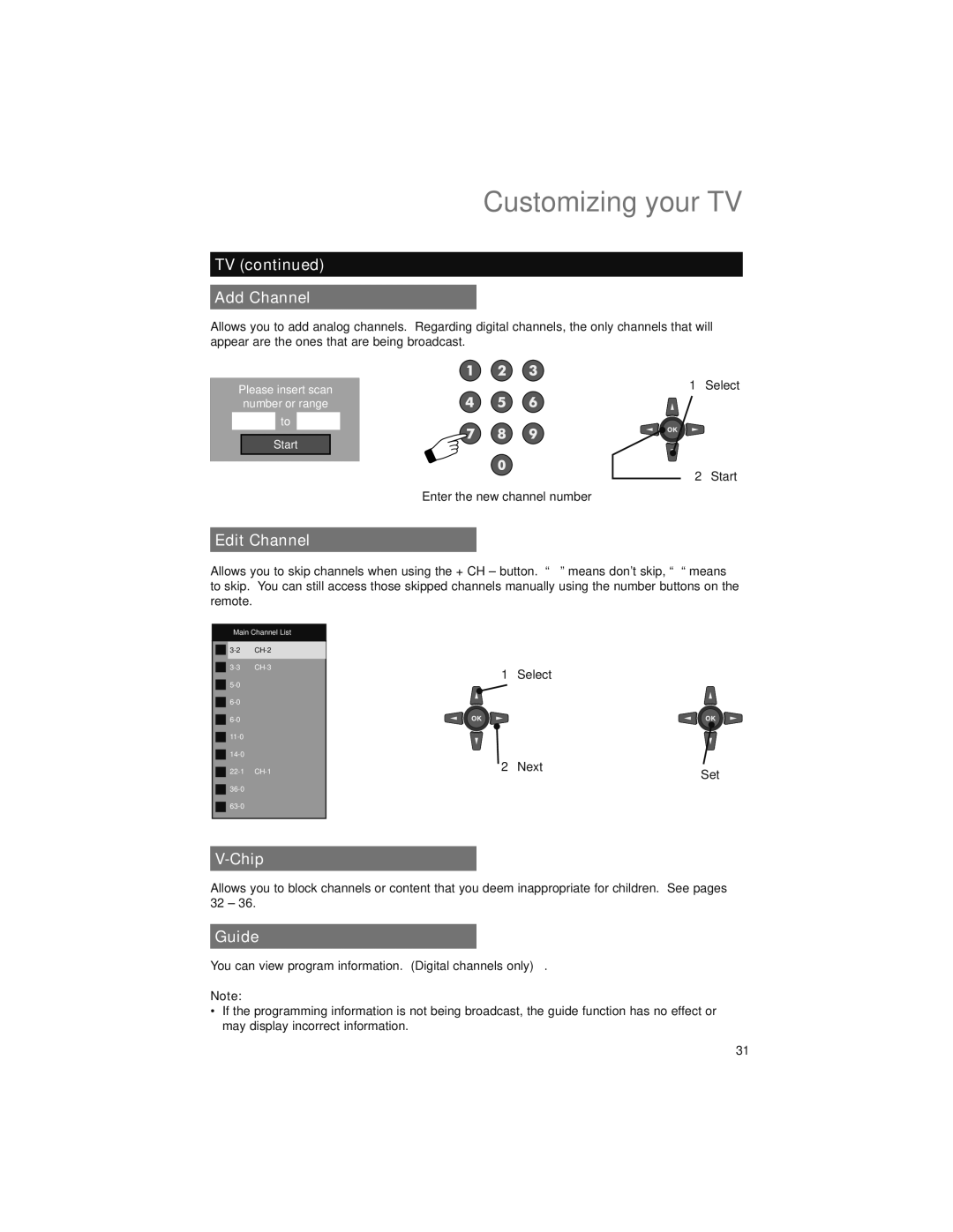 JVC LT-47X579, LT-47EM59, LT-42EM59 manual Add Channel, Edit Channel, Chip, Guide 