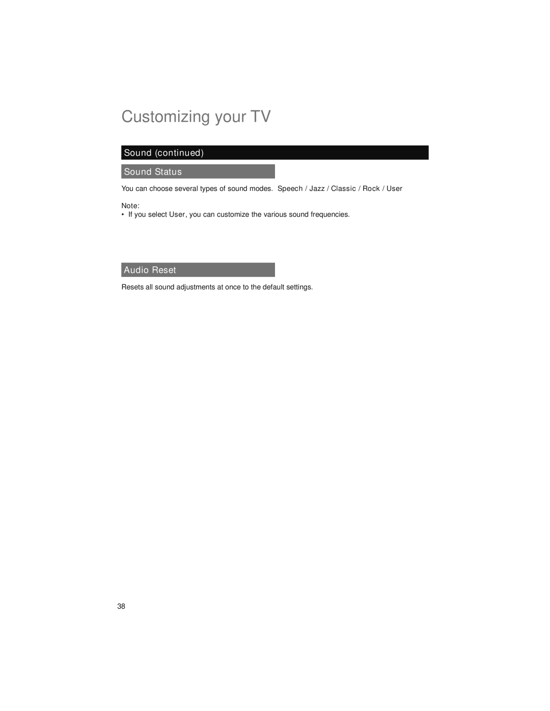 JVC LT-42EM59, LT-47EM59, LT-47X579 manual Sound Sound Status, Audio Reset 