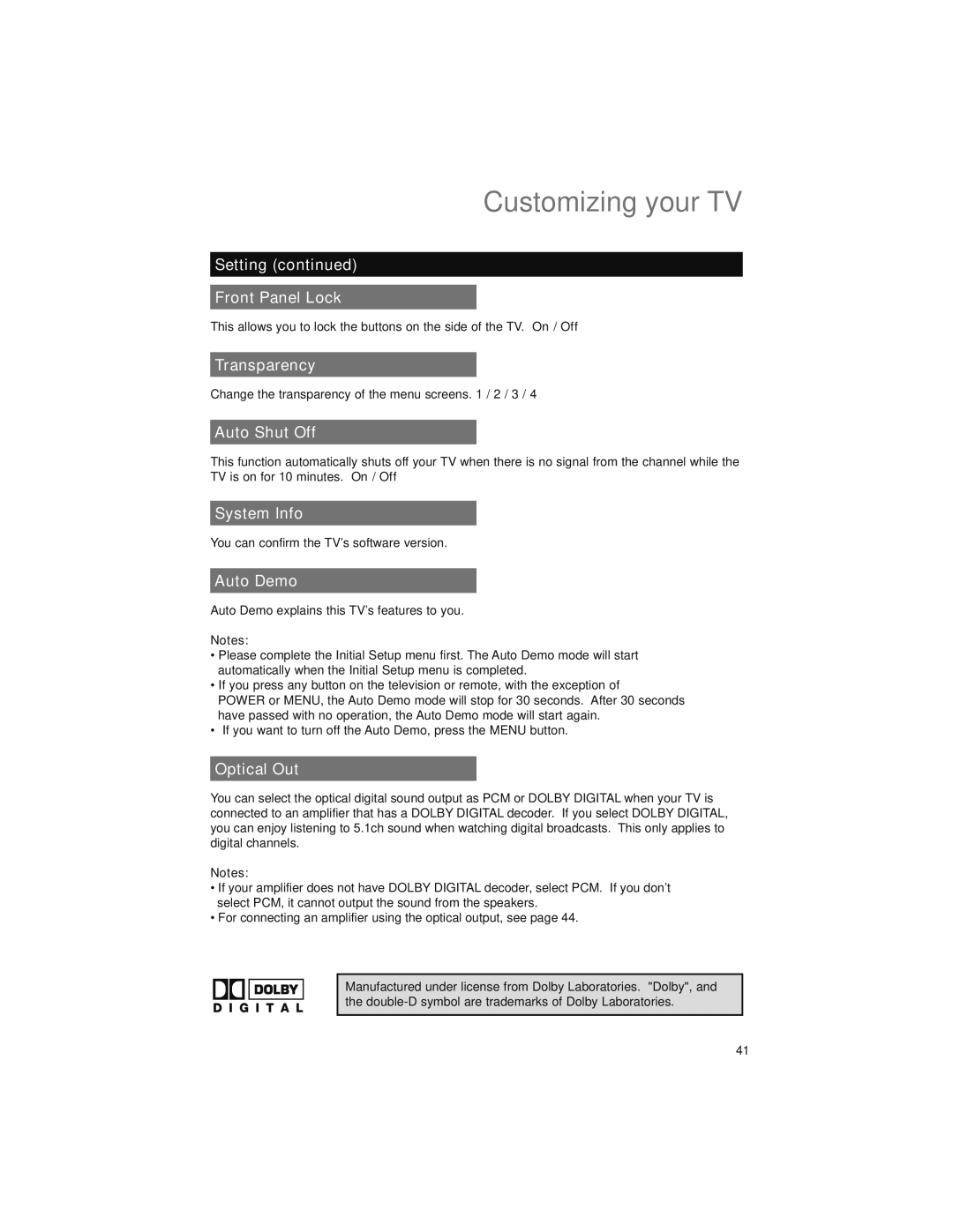 JVC LT-42EM59, LT-47EM59 manual Setting Front Panel Lock, Transparency, Auto Shut Off, System Info, Auto Demo, Optical Out 