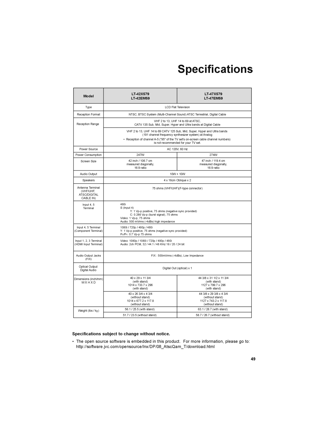 JVC LT-47X579, LT-47EM59, LT-42EM59 manual Speciﬁcations, Specifications subject to change without notice 