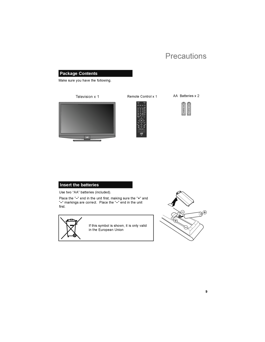 JVC LT-47EM59, LT-47X579, LT-42EM59 manual Package Contents, Insert the batteries 