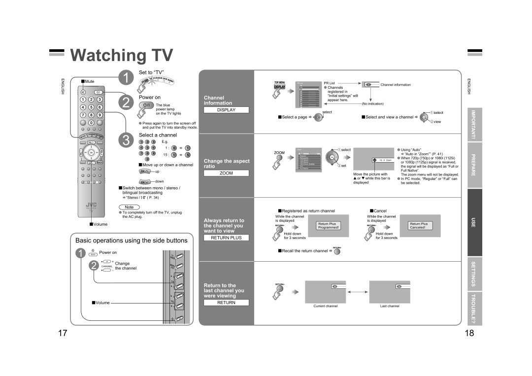 JVC LT-47GZ78 Watching TV, Basic operations using the side buttons, Channel information, Change the aspect ratio, Prepare 