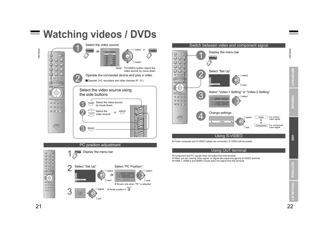 JVC LT-47GZ78, LT-42GZ78 Watching videos / DVDs, Select the video source using the side buttons, PC position adjustment 