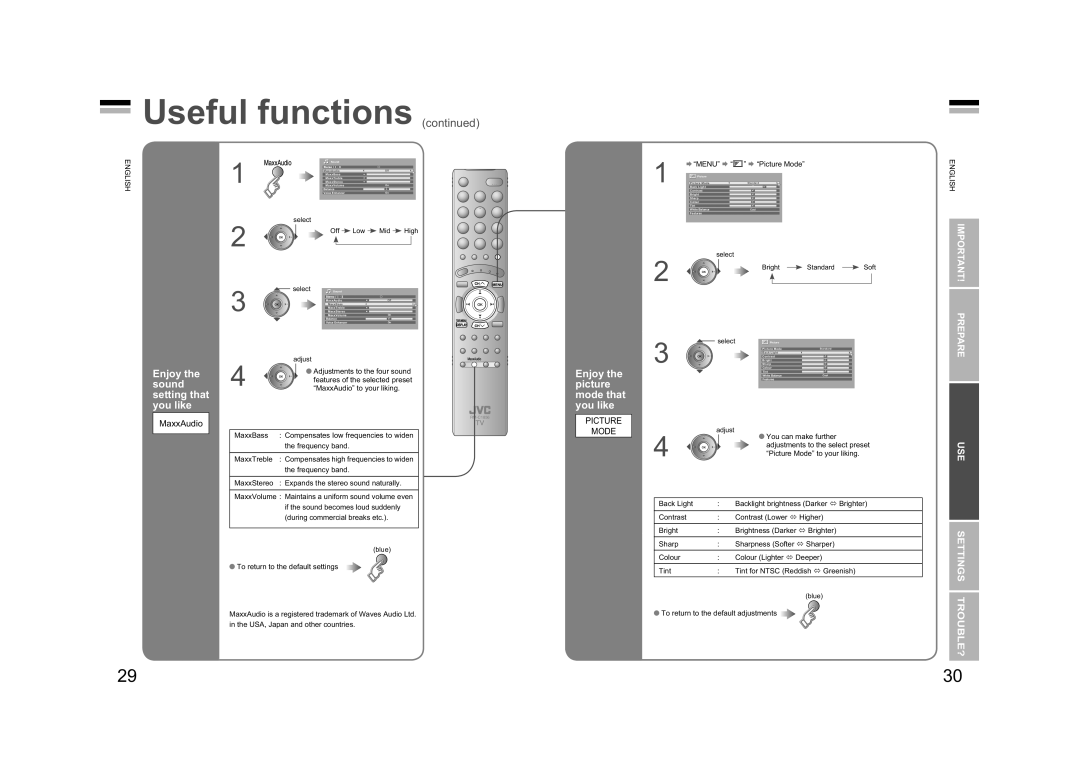 JVC LT-47GZ78 Useful functions continued, Trouble?, Enjoy the sound setting that you like, Settings, Important! Prepare 