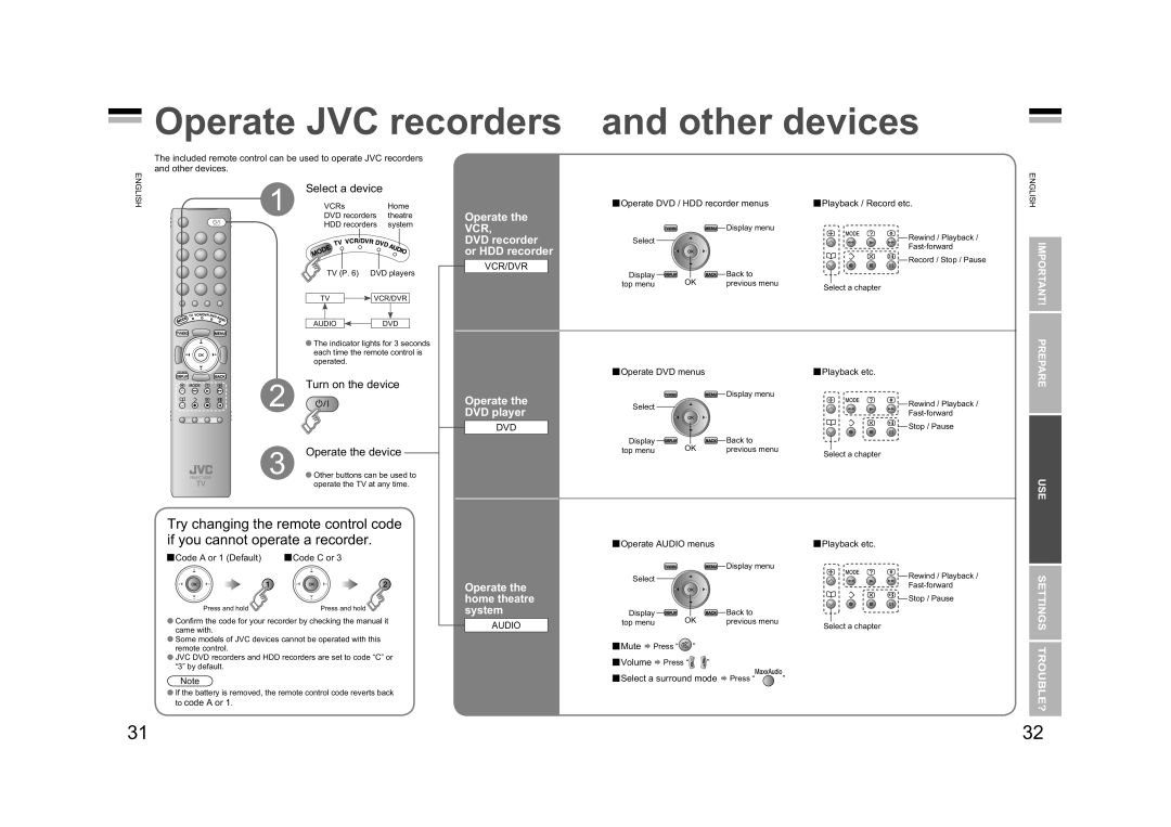 JVC LT-42GZ78 Operate JVC recorders, and other devices, Operate the VCR DVD recorder or HDD recorder, Settings Trouble? 