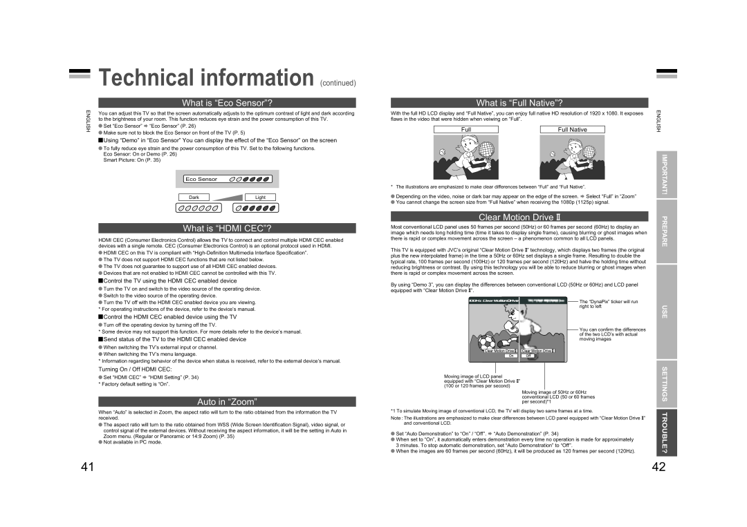 JVC LT-47GZ78, LT-42GZ78 manual Technical information continued, What is “Eco Sensor”?, What is “HDMI CEC”?, Auto in “Zoom” 