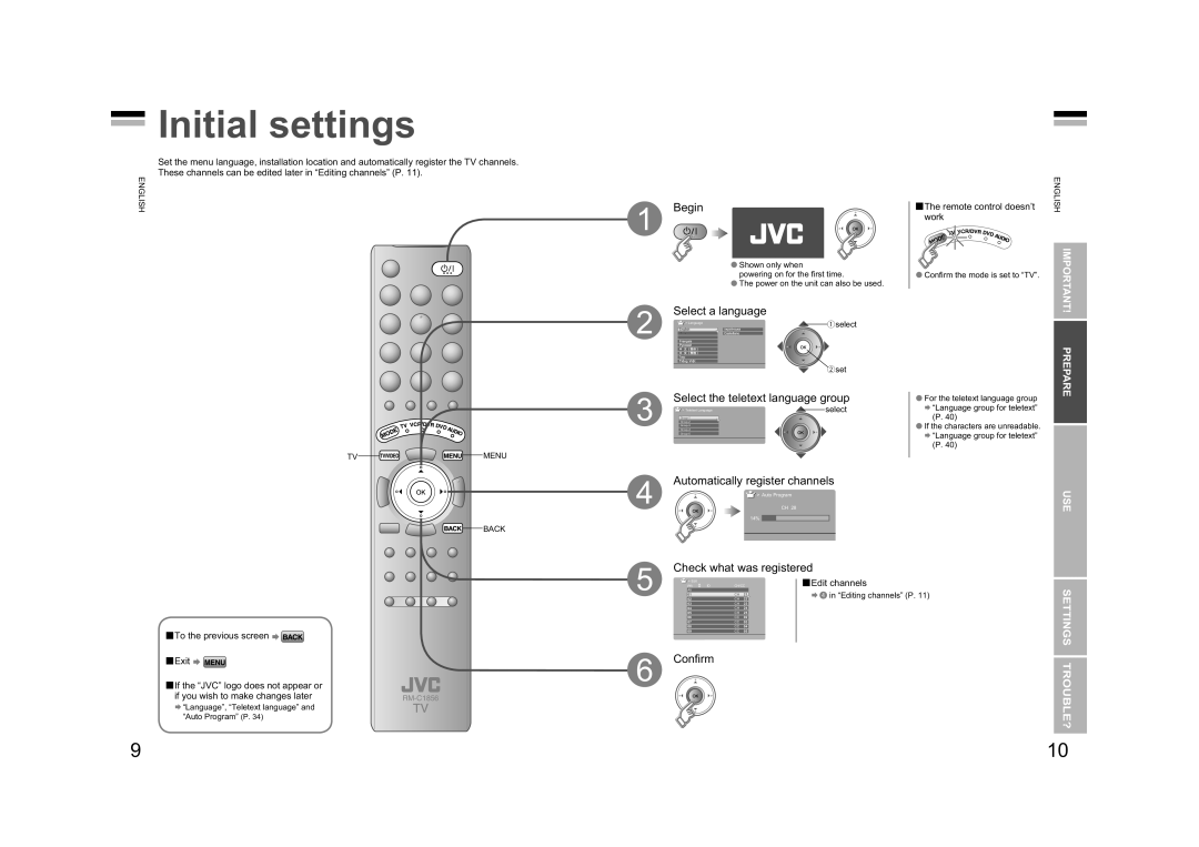 JVC LT-47GZ78, LT-42GZ78 manual Initial settings, Settings Trouble?, Important! Prepare, Edit channels, RM-C1856 