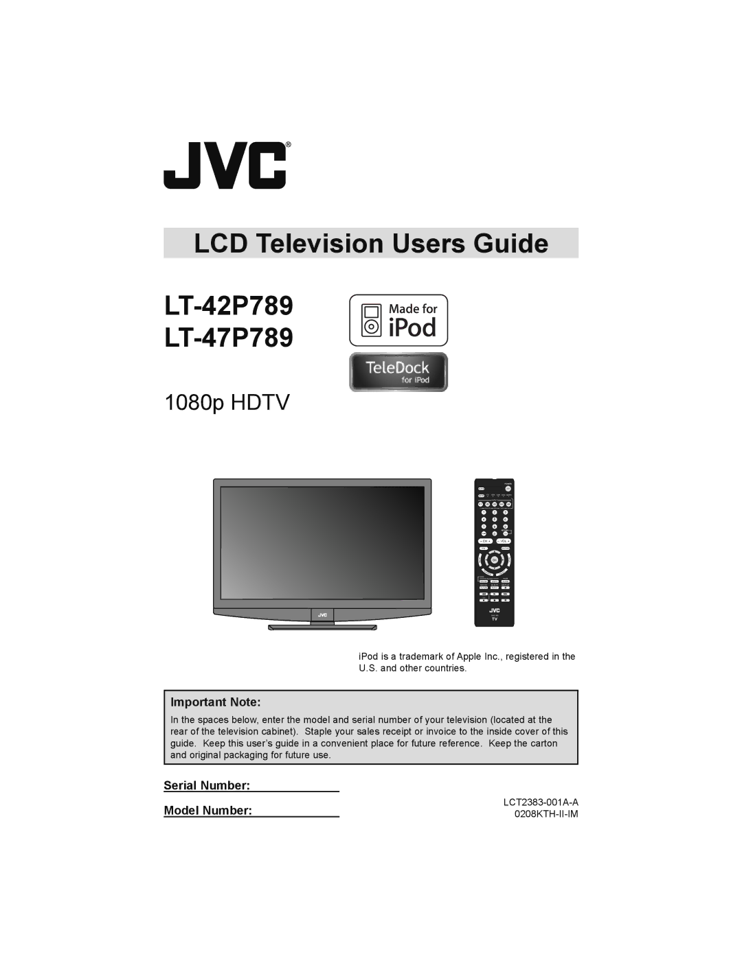 JVC LT-42P789, LT-47P789 manual Important Note, Serial Number Model Number 